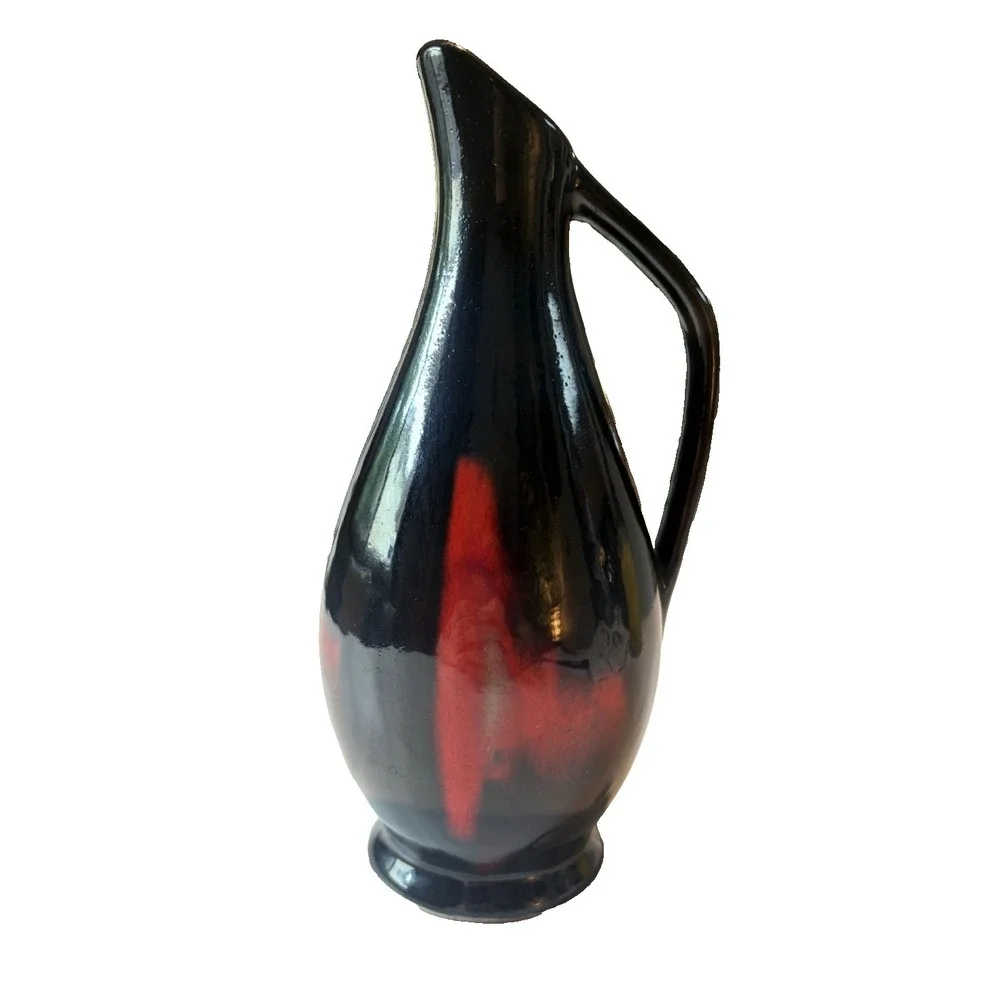 Vintage Hungarian Black Red Drip Glaze Pitcher Vase Mid Century Pottery BISZ 60s